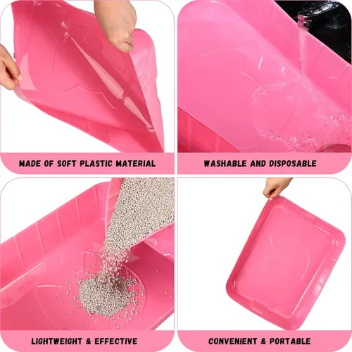 Miniatura 4 de Bokon Caja de arena desechable de 25 unidades para gatos, bandeja de arena desechable grande para viajes al hogar, cajas de arena de plástico Rosado
