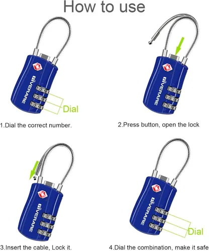 Miniatura 6 de GIVERARE Paquete de 2 cerraduras de equipaje aprobadas por la TSA, cerradura de cable de viaje combinada, candados de 3 dígitos reconfigurables