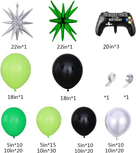 Miniatura 2 de Kit de guirnalda de arco de globos de videojuegos, 144 unidades, color verde, negro y plateado, estrella explosiva, globos de Mylar para niños