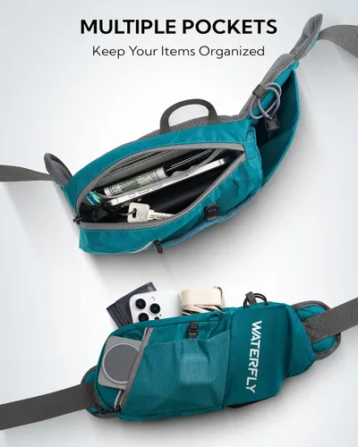 Miniatura 5 de WATERFLY Cangurera con soporte para botella de agua: Riñonera de senderismo con correa para mujeres y hombres, paquete de hidratación para la cadera
