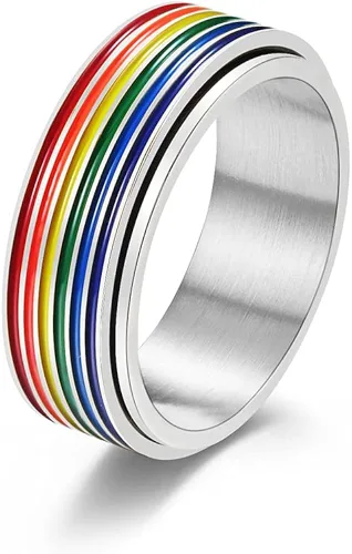 Rotatable Rainbow Stripe LGBT Pride Band Ring for Women Men Teen Girls Couples Bff Anti Anxiety Stress Relief Fidget Spinner Ring Stainless Steel