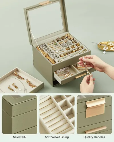 Miniatura 5 de SONGMICS Joyero organizador con tapa de cristal, almacenamiento de joyas de 4 capas, con 3 cajones, estilo moderno, 8 x 9.1 x 6.5 pulgadas