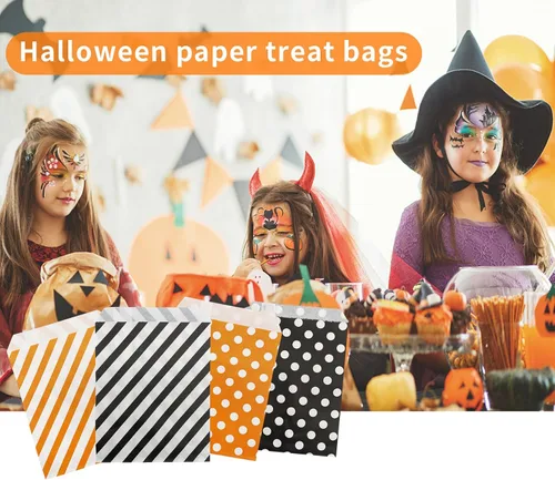 Miniatura 2 de Jexila Paquete de 100 bolsas de regalo de Halloween, bolsas de papel con patrón de lunares naranjas y negros con patrón de rayas para niños, regalos
