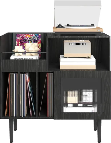 Miniatura 8 de HedoAjim Soporte grande para tocadiscos con almacenamiento de vinilo, soporte para tocadiscos con puerta acrílica, mesa auxiliar para tocadiscos