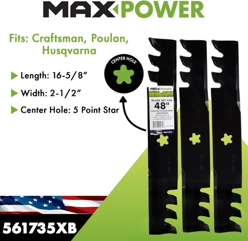 Miniatura 2 de Maxpower 561735XB Juego de mantillo comercial de 3 cuchillas para artesano de corte de 48", Husqvarna, Poulan, reemplaza al OEM no. 173921, 532173921