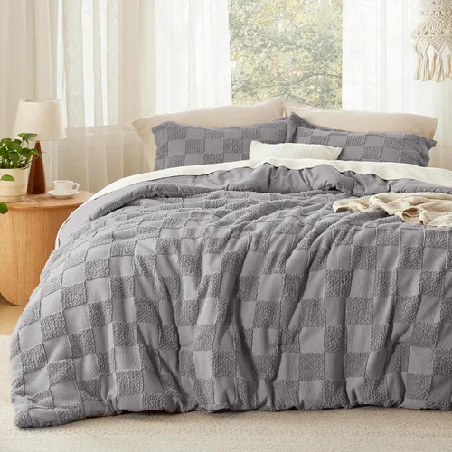 Miniatura 10 de Bedsure Juego de Edredón Tamaño Queen Beige, Juego de Cama Boho con Mechones, Ropa de Cama a Cuadros Estilo Granja Shabby Chic, 3 Piezas, 1 Edredón