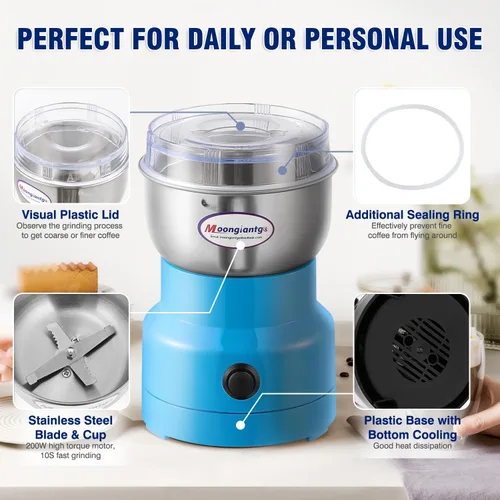 Miniatura 2 de Moongiantgo Molinillo de café eléctrico, mini molinillo de especias, molinillo rápido de 200 W, 10 segundos, molino de grano seco para especias, Azul