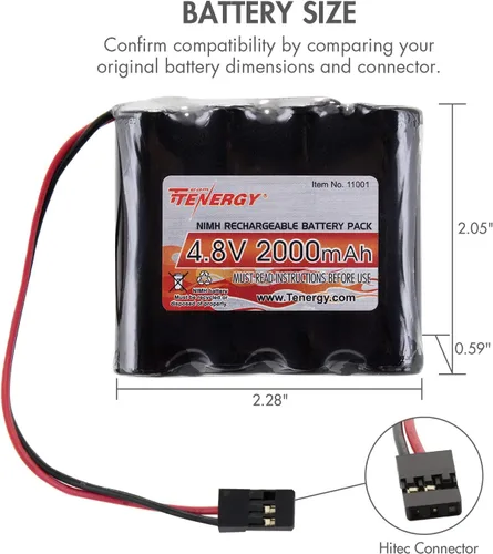 Miniatura 3 de Tenergy Paquete de 2 baterías NiMH Receiver RX con conectores Hitec 4.8V 2000mAh batería recargable de alta capacidad para receptores RC, aviones RC