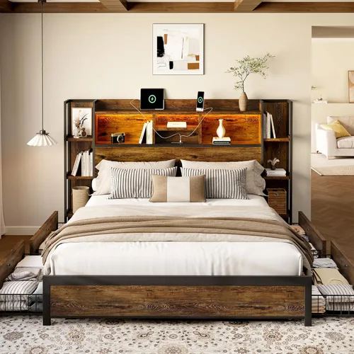 Miniatura 9 de BRELTAM Base de cama tamaño King con 4 cajones de almacenamiento y cabecero con almacenamiento de estantes, marco de cama de plataforma de madera