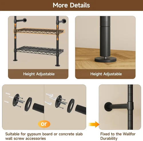 Miniatura 8 de H6 - Sistema de armario para montaje en pared, perchero industrial con 6 varillas telescópicas, 3 varillas de fijación y 9 estantes, organizadores