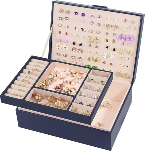 Miniatura 3 de Caja organizadora de joyas cajas de joyería grandes de piel sintética collares anillos aretes organizador de almacenamiento pantalla de doble capa