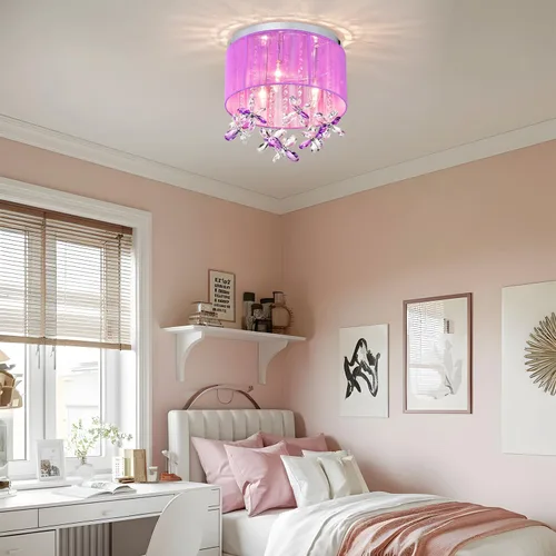 Miniatura 2 de LaLuLa Candelabro de cristal morado para dormitorio de niñas, lámpara de techo E12 de 3 luces, pantalla de cuerda de algodón hecha a mano, elegante
