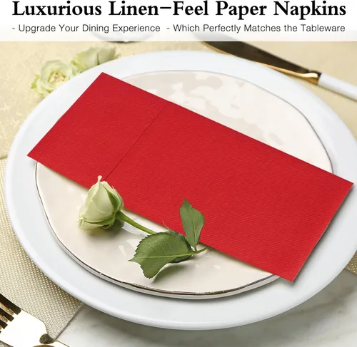 Miniatura 8 de Servilletas rojas desechables con sensación de lino con bolsillo integrado para cubiertos, preplegadas para cuchillos y tenedores, servilletas