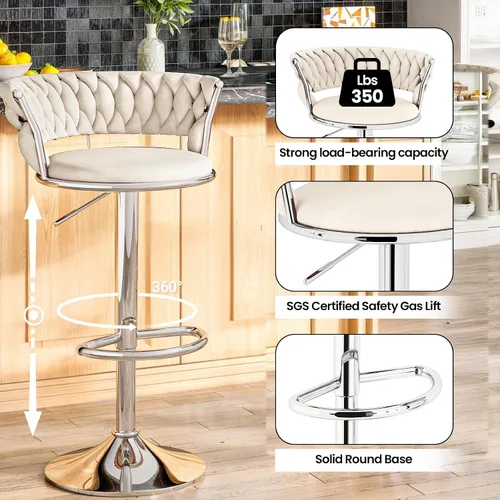 Miniatura 5 de AWQM Juego de 2 taburetes de bar de terciopelo, taburetes de cocina giratorios de altura ajustable con respaldo bajo para comedor, barra