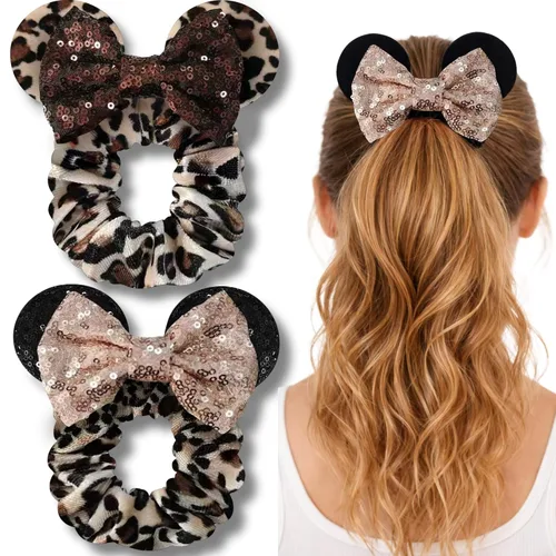 Miniatura 10 de Styla Hair - Paquete de 2 coleteros para orejas de ratón, con lazo de terciopelo con orejas de lentejuelas, bonitos accesorios para el cabello