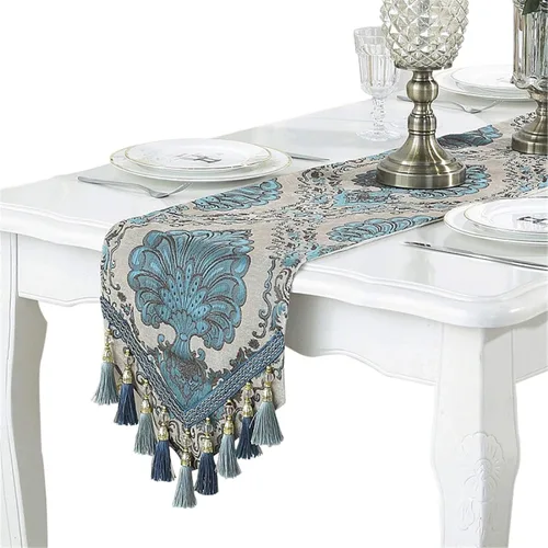 Camino de mesa de lujo bordado de tela jacquard con múltiples borlas para comedor, aparador, decoración de fiesta de boda, 13 x 62 pulgadas, beige