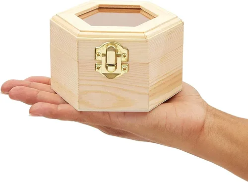 Miniatura 4 de Joyero de madera hexagonal sin terminar con ventana y hebilla francesa (paquete de 3)