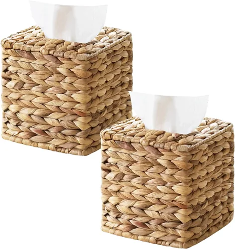 Miniatura 18 de Funda cuadrada de mimbre para caja de pañuelos, cajas de pañuelos faciales, caja de servilletas tejida a mano para baño, dormitorio, oficina, mesa