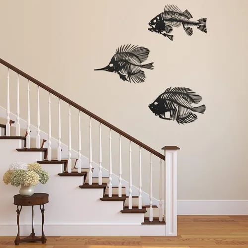 Miniatura 3 de Zhengmy 3 piezas de arte de pared de metal, escultura de pescado colgante de hueso de pescado de metal, decoración de pared rústica, estilo náutico