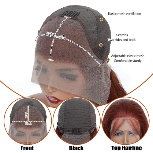 Miniatura 8 de CLong - Peluca de cabello humano ondulado en tono castaño rojizo 33B, malla frontal, prearrancada, densidad del 200%, 71 centímetros de largo, 13x4