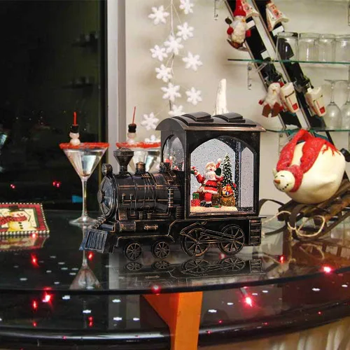 Miniatura 4 de GenSwin Linterna de globo de nieve con tren iluminado con música, nieve de agua, brillante, funciona con pilas, con temporizador, decoración musical
