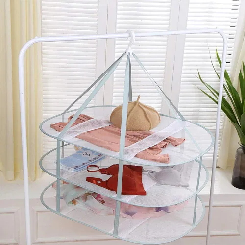 Miniatura 3 de Estante de secado plegable de 3 niveles, capacidad de 10 libras, ahorro de espacio, secadora colgante con banda de fijación, estante apilable