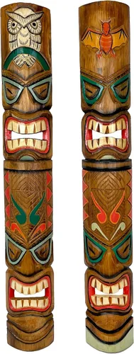 Miniatura 7 de Zeckos Juego de 2 máscaras de pared Tiki de madera tallada a mano, 39 pulgadas de alto, acabado envejecido pintado, esculturas de pared para sala