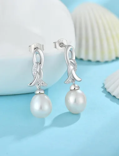 Miniatura 6 de Pearl Teardrop Earrings for Wedding Bridal 925 Sterling Silver with Freshwater Pearls Dangle Earrings for Women Perfect for Holiday Gifts