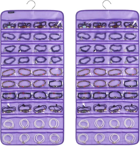 Miniatura 7 de Organizador de joyas colgante de 80 bolsillos para guardar joyas, soporte de exhibición de accesorios de doble cara para aretes, pulseras y anillos