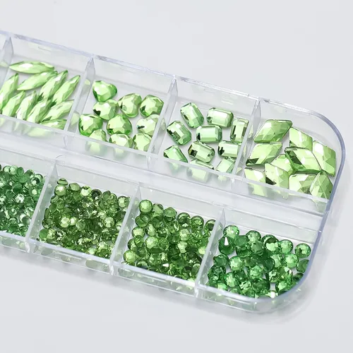 Miniatura 5 de Diamantes de imitación verdes para uñas, gemas de diamantes de imitación de cristal 3D, diamantes de imitación de parte trasera plana, varios