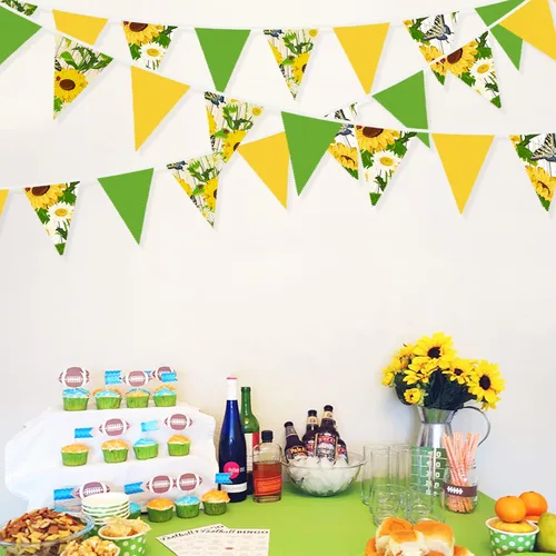 Miniatura 3 de Banderín amarillo y verde de 32 pies con banderines de tela de girasol, mariposa, triangular, guirnalda para decoración de fiesta de primavera
