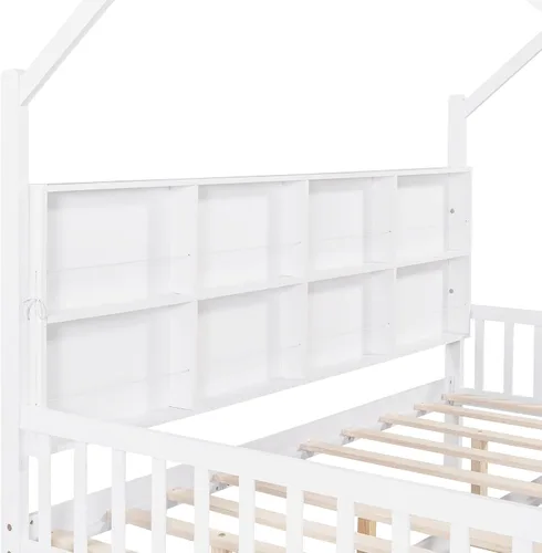 Miniatura 4 de Cama matrimonial con nido, marco de cama matrimonial para niños con estantes de almacenamiento y techo, cama Montessori, cama de tienda, cama