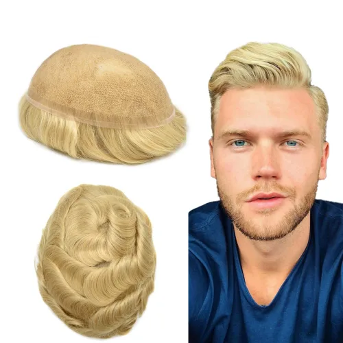 Miniatura 40 de Extensiones de cabello suizo completo para hombre, sistema de reemplazo de cabello humano europeo para hombres