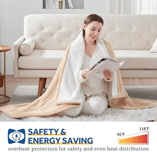 Miniatura 4 de Sealy - Manta eléctrica térmica, manta de franela y sherpa con 6 ajustes de calor y apagado automático de 2-10 horas, calentamiento rápido y Beige