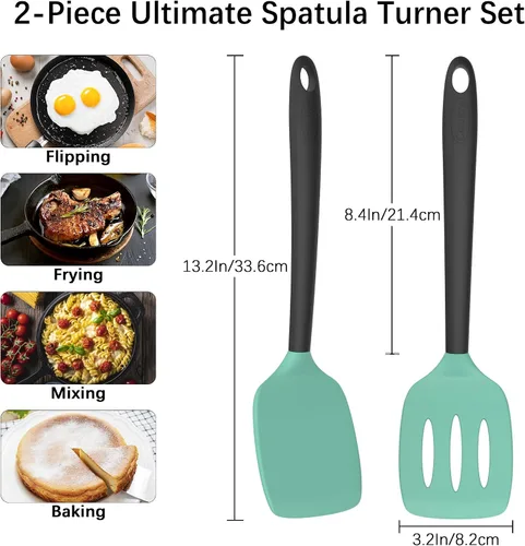 Miniatura 6 de Coukre Juego de 2 Espátulas de Silicona, Resistente al Calor Alto, Libre de BPA, Espátula de Cocina, Volteador Sólido y Ranurado para Sartenes