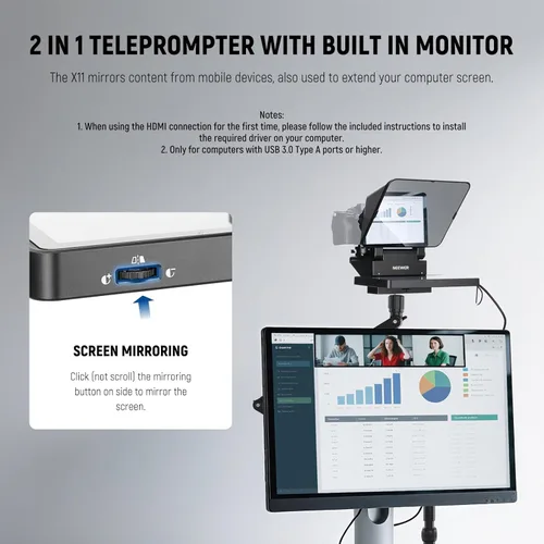 Miniatura 3 de NEEWER Teleprompter 2 en 1 de 11 pulgadas con monitor para Windows MacOS, compatible con duplicación de pantalla, indicador portátil para cámara