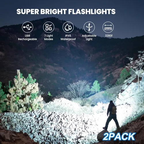 Miniatura 2 de Linterna recargable de 990,000 lúmenes altos, paquete de 3 luces LED con 5 modos, linterna de mano impermeable para campamento, hogar, exterior (2)