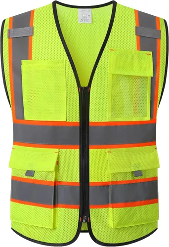 Miniatura 11 de Chaleco de seguridad de malla reflectante para hombres y mujeres con 5 bolsillos y cremallera frontal, chaleco de malla de alta visibilidad Hi Vis