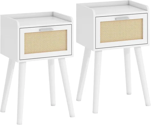 Miniatura 8 de LAATOOREE Juego de 2 mesitas de noche, mesa auxiliar pequeña, mesita de noche con puerta acanalada, pies de madera maciza; mesa auxiliar moderna