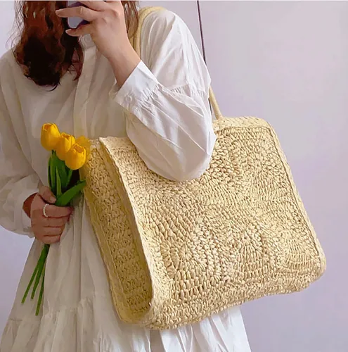 Miniatura 9 de Bolso vintage de paja tejida a mano, estilo bohemio, grande, con pajilla, elegante, casual, bolsa de hombro, bolsa de vacaciones de ratán