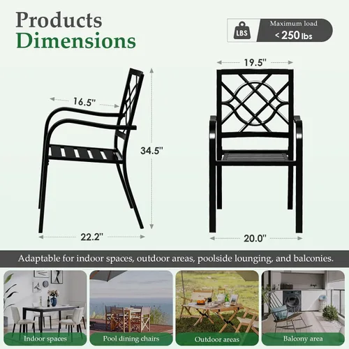 Miniatura 3 de Crownland Juego de 2 sillas de comedor de hierro forjado para patio, sillas apilables de metal con reposabrazos para jardín, piscina, patio trasero