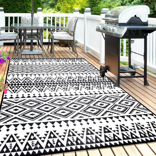 Miniatura 11 de Alfombra Impermeable para Exteriores 9x12 pies, Tapete de Paja de Plástico Reversible Boho para Patio RV Terraza Porche Patio Trasero Balcón Camping
