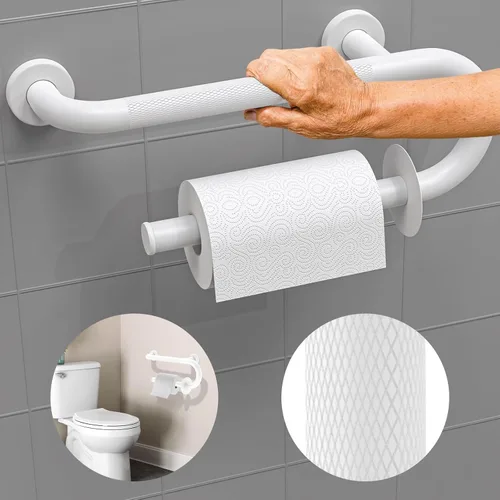 Miniatura 10 de Barra de seguridad blanca de 18 pulgadas con estante de almacenamiento para bañera o ducha, orificios de drenaje, acero inoxidable, barras de agarre