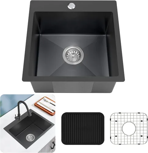 Fregadero de cocina negro de acero inoxidable de 18 x 18 pulgadas, montaje superior, fregadero de cocina y bar, juego de fregadero de un solo tazón,