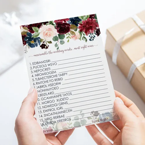 Miniatura 6 de Juegos de despedida de soltera con flores azules, 25 cartas, juego de palabras de boda, divertida actividad de adivinación para invitados, fiestas