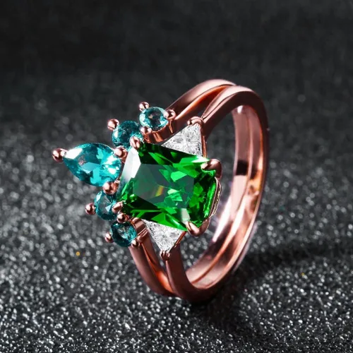 Miniatura 3 de JIANGYUE Anillos apilables de circonita cúbica verde esmeralda para mujer, oro rosa, blanco, corona, juego de anillos de boda, joyería para el día