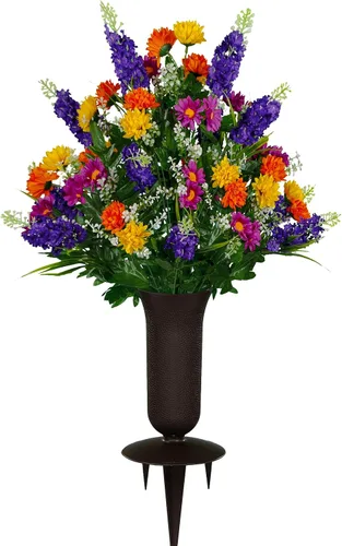 Miniatura 21 de Sympathy Silks Flores artificiales para cementerios – Decoraciones para tumbas - 1 ramo de flores silvestres de violeta púrpura y naranja, 1 montura