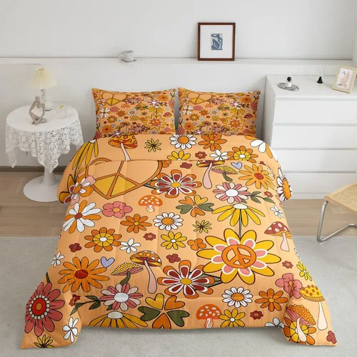 Miniatura 30 de Lindo juego de edredón de flores para niños y mujeres. Juego de ropa de cama de flores coloridas de dibujos animados, tamaño individual, bonito