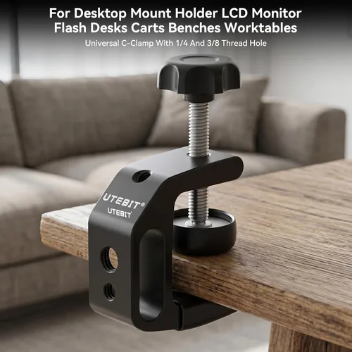 Miniatura 6 de UTEBIT 0.36"-1.2" Universal Aluminum C-Desk Clamp, Black Adjustable Support Clamp with 1/4" and 3/8" Thread for Desktop Mount Holder Flash Desks