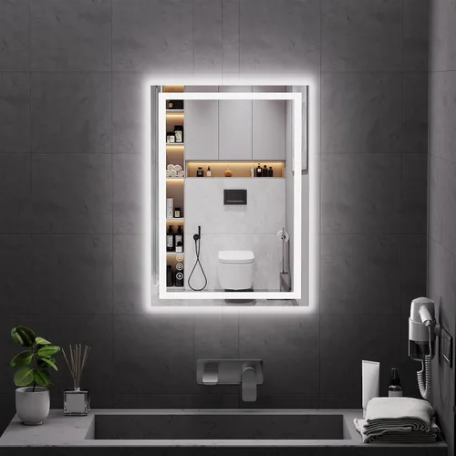 Koonmi Espejo LED de 28 x 20 pulgadas para baño, espejo de tocador antivaho 90CRI con luz delantera y trasera, espejo de pared a prueba de roturas